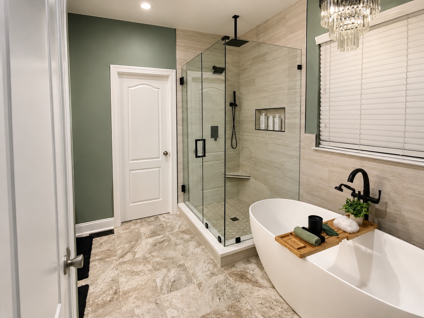 After — spa bathroom with glass wet-room and freestanding tub