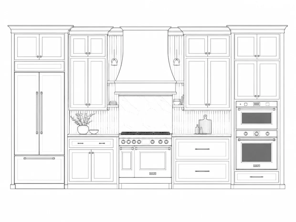 Architectural elevation sketch of the same kitchen wall, drawn before the build