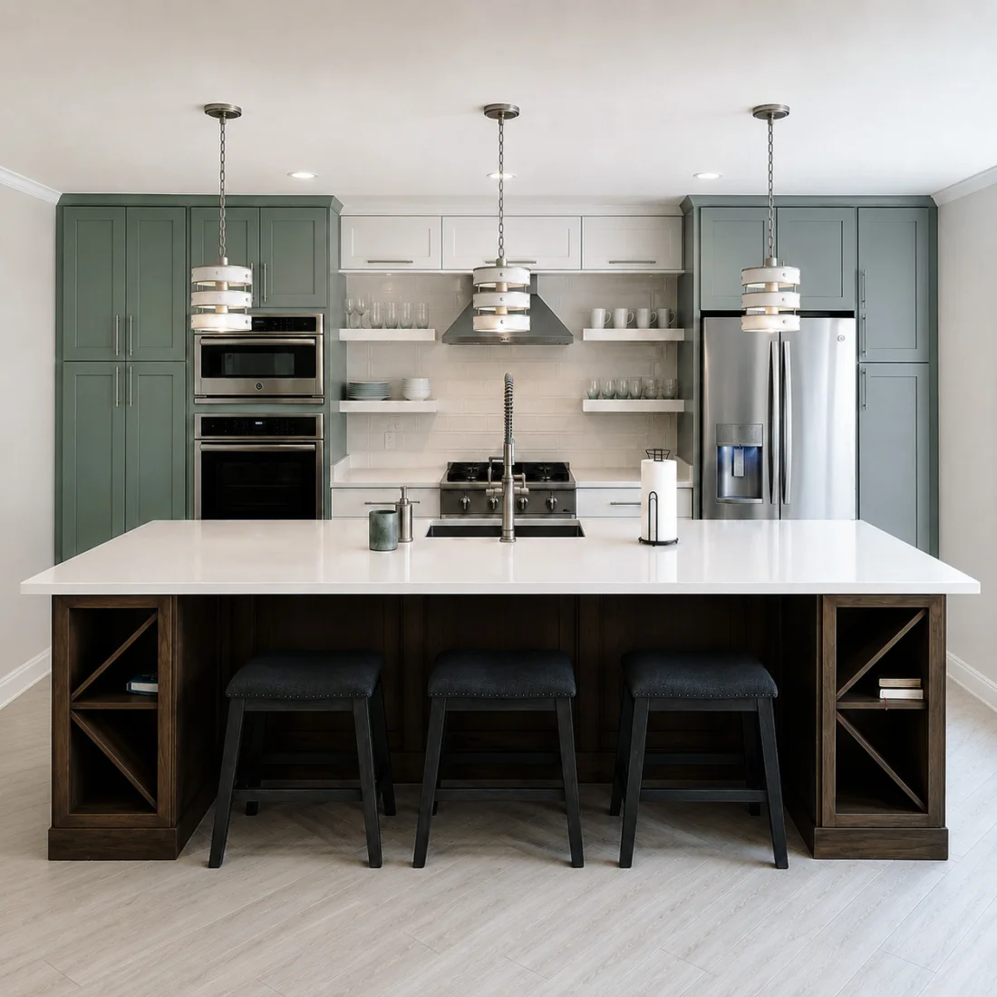 Finished kitchen remodel with green cabinetry, a white waterfall island on a walnut base, and open shelving