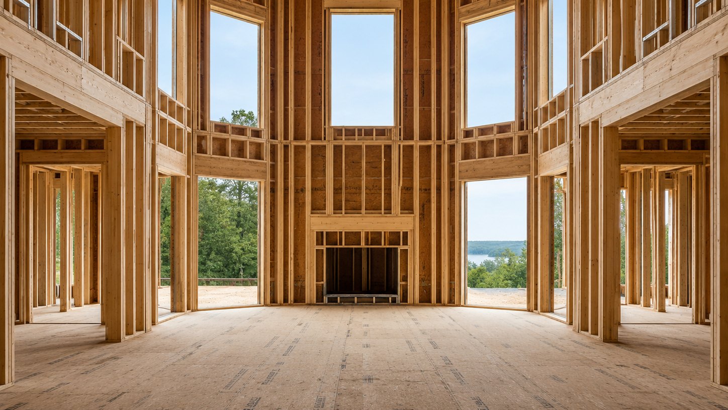 Framing stage of a large living room renovation