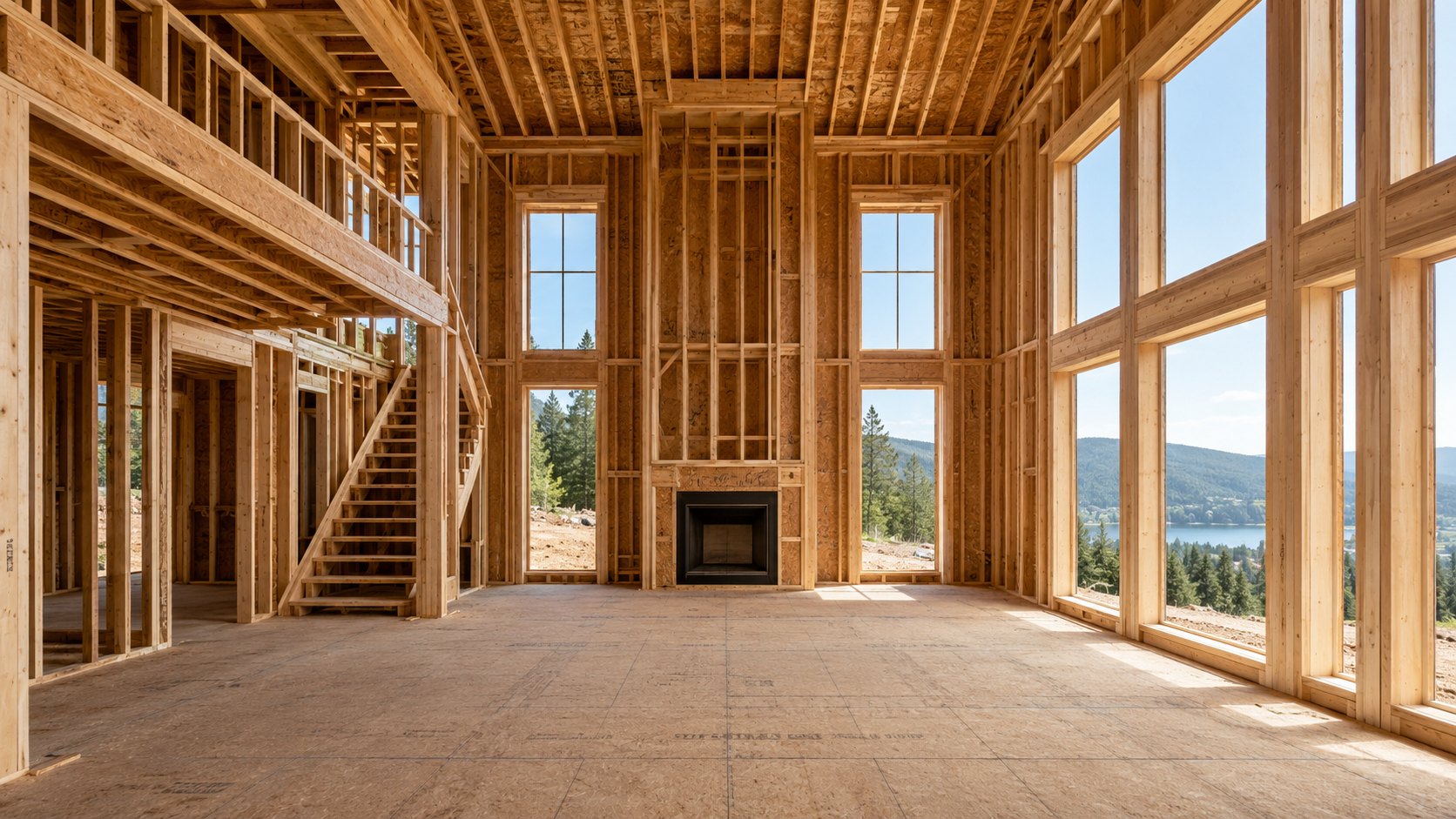 Framing stage of a second large living room renovation