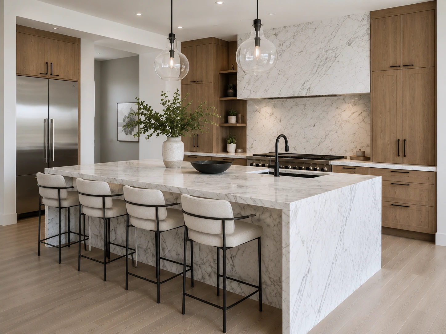 Modern kitchen with a waterfall island and cool neutral finishes