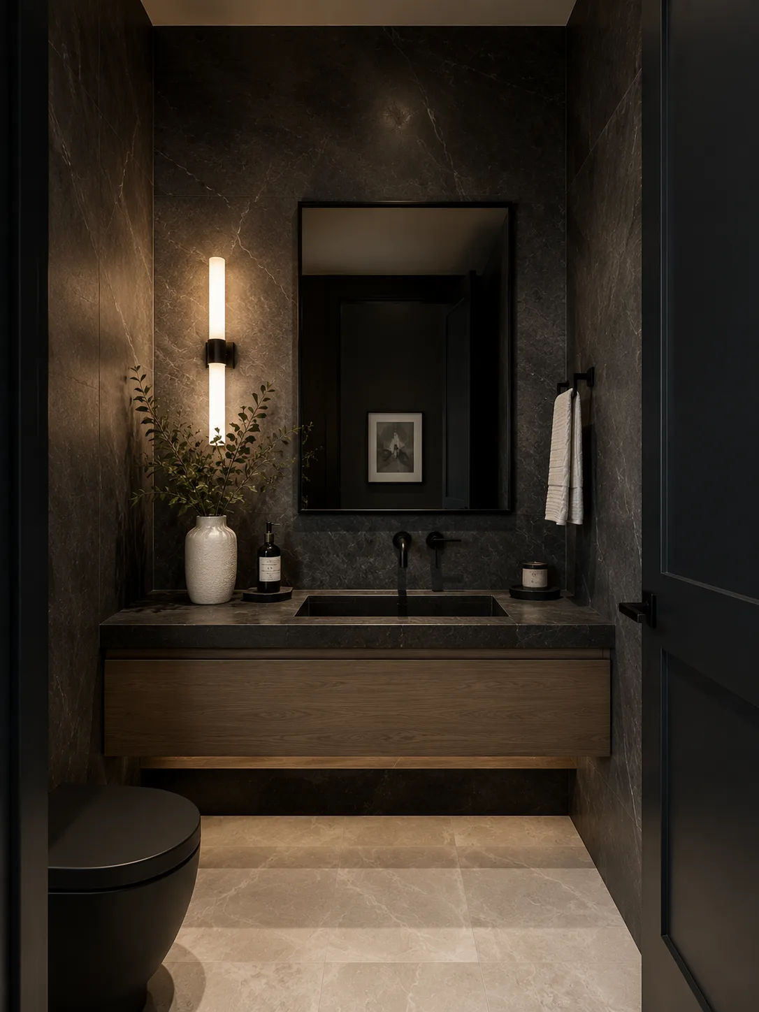 Moody powder room with dark plaster walls and a floating wood vanity