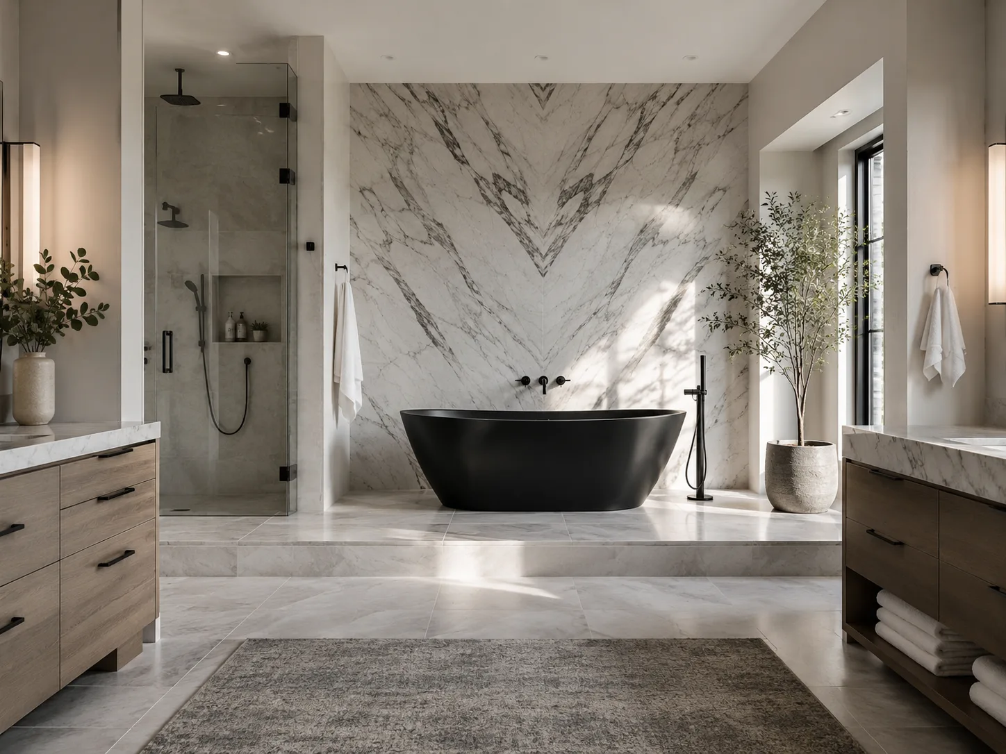 Spa bath with a book-matched marble feature wall and black soaking tub