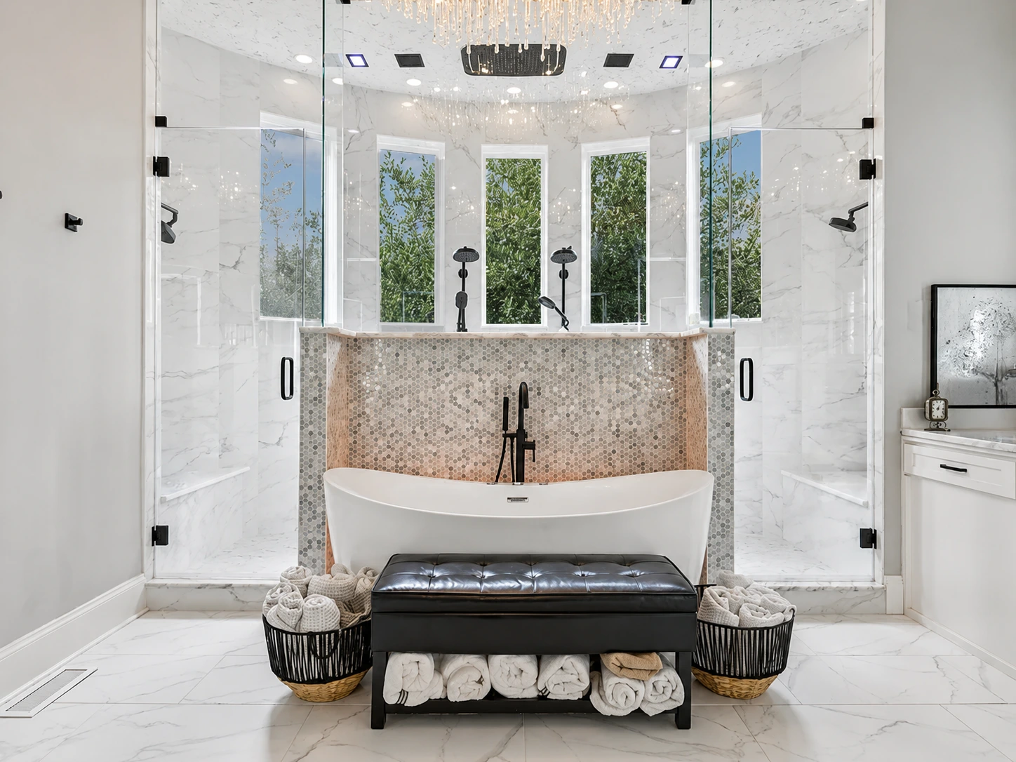 Carrara marble shower suite with a freestanding tub and glass enclosure