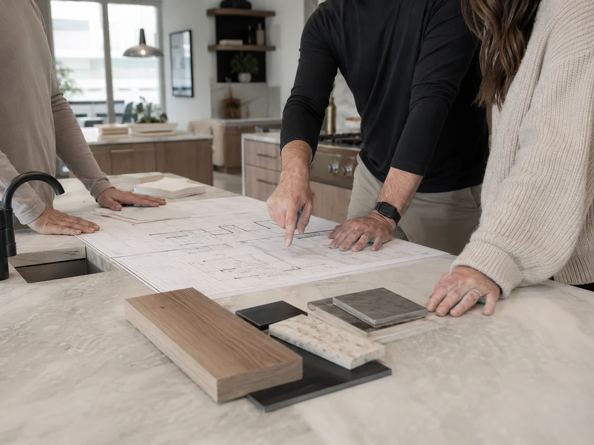 Homeowners and a Sharp designer reviewing blueprints and material samples over a kitchen island
