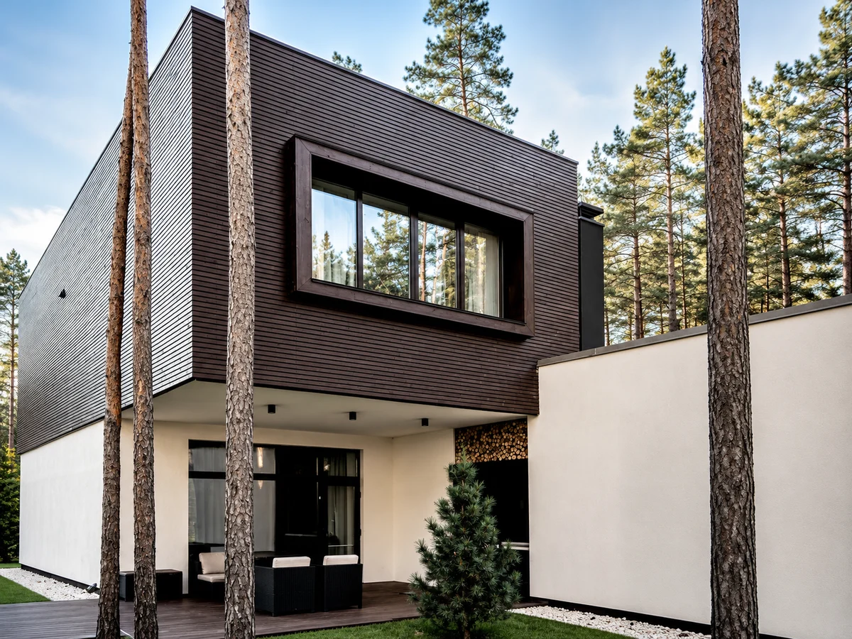 Modern timber-clad home exterior set among tall pines