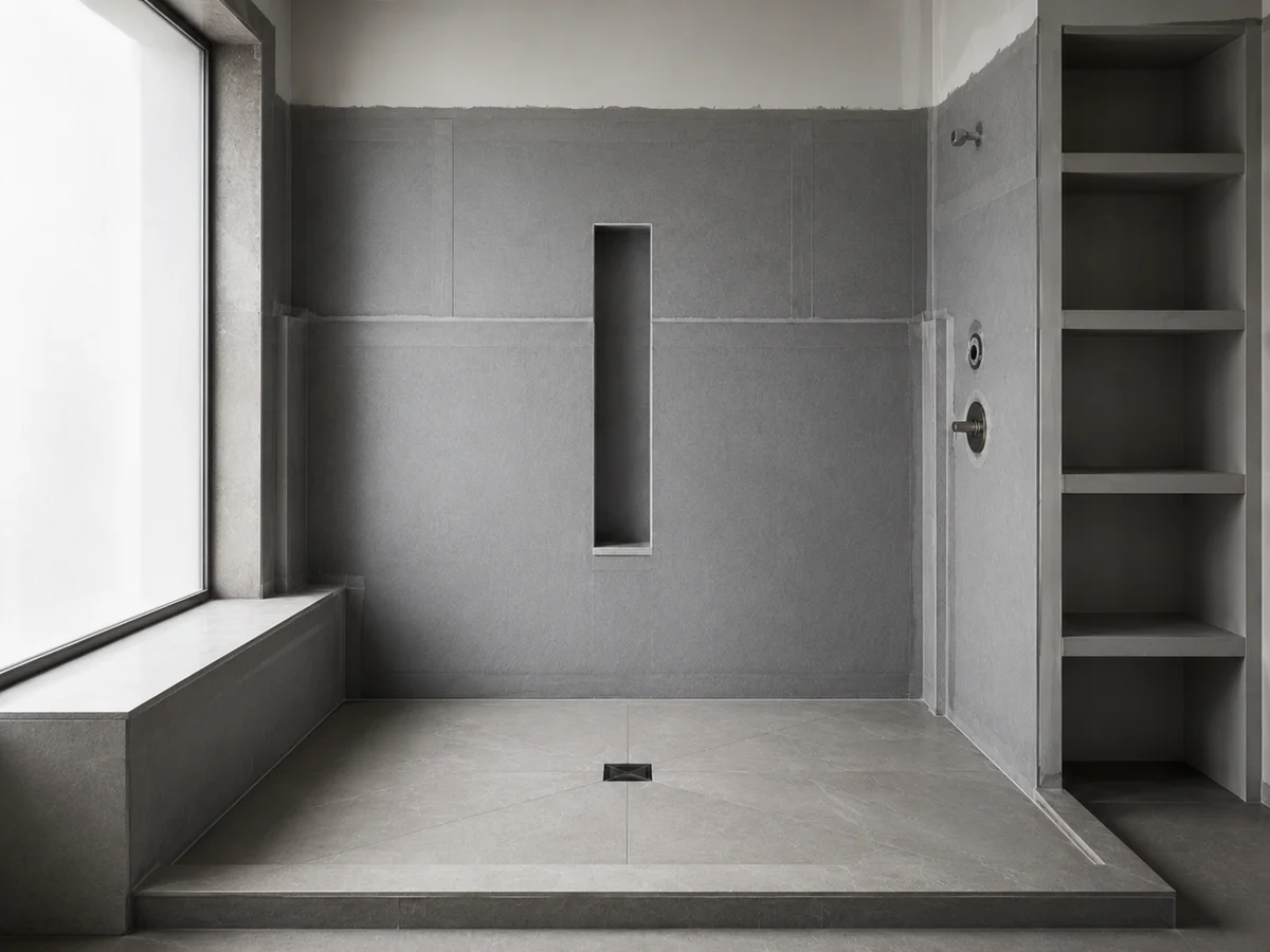 A walk-in shower mid-remodel, freshly waterproofed and ready for tile
